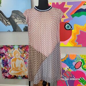 Dr2 Pink Black Blue Geometric Print Pleated Mini Dress Size Small A line EUC